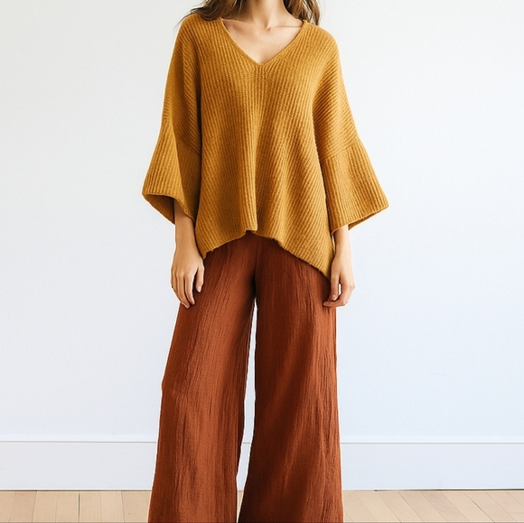 MEG Anchorage Sweater V-neck Wool Alpaca Mustard Boho Lagenlook Size L - Picture 1 of 9